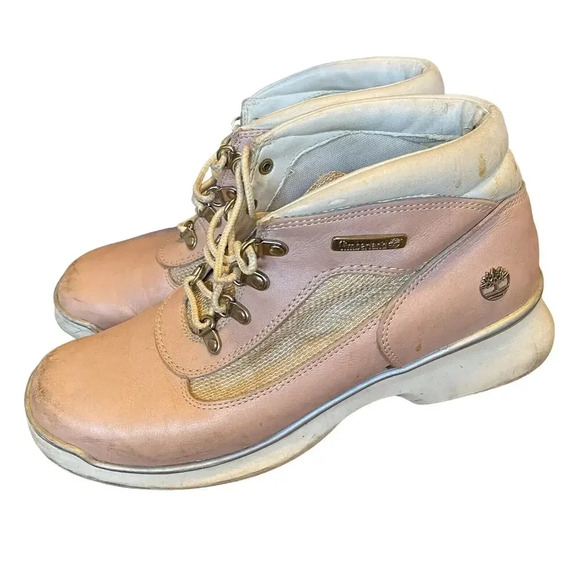 Timberland Hiking Field Boots Women 8.5 M Pink White Leather Barbiecore Mid Calf - Picture 2 of 11